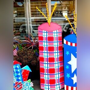 Red and Blue Plaid Metal Firecracker Stake with Easel